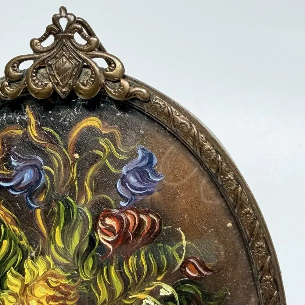 Mini Vtg Brass Victorian Oval Ornate Frame Convex Glass Italy Floral Painting 4